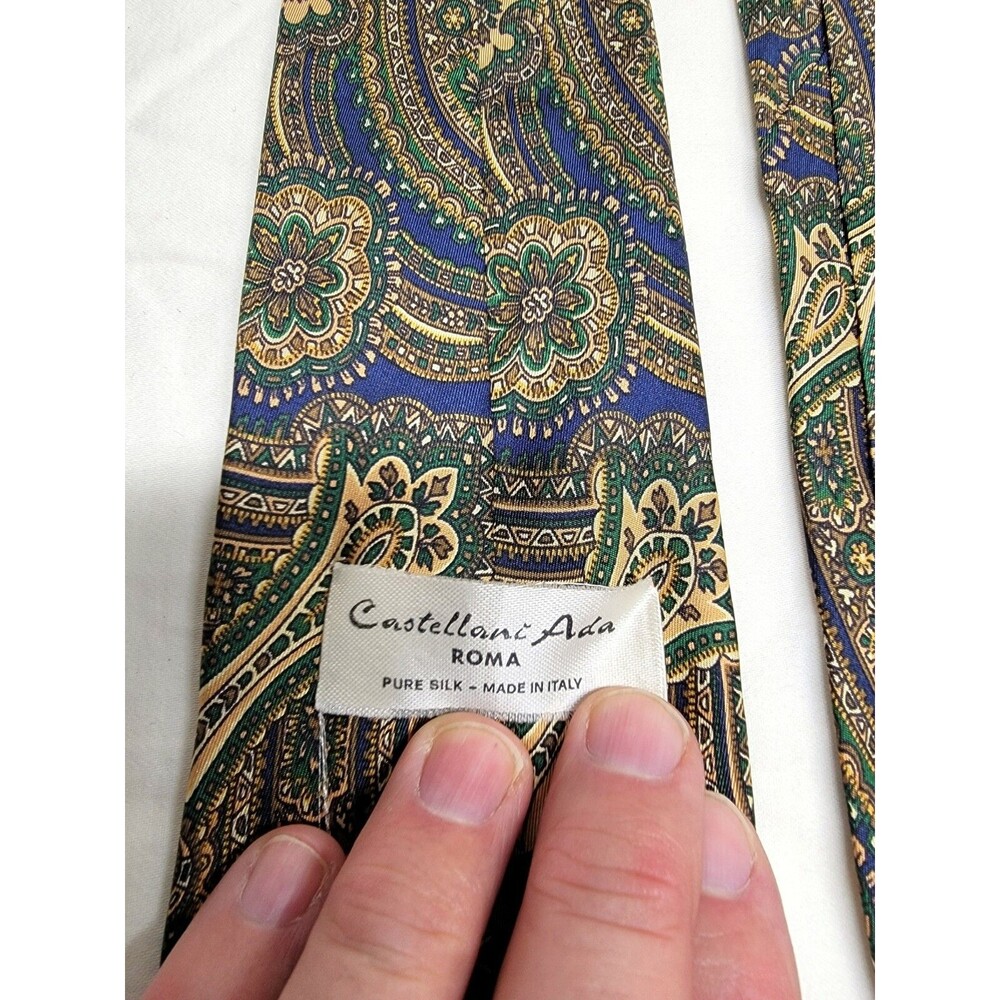 Castellani Ada Roma Neck Tie 100% Pure Silk 60.5”x 3.5” Blue Grey Tan Italy EUC - Picture 2 of 7